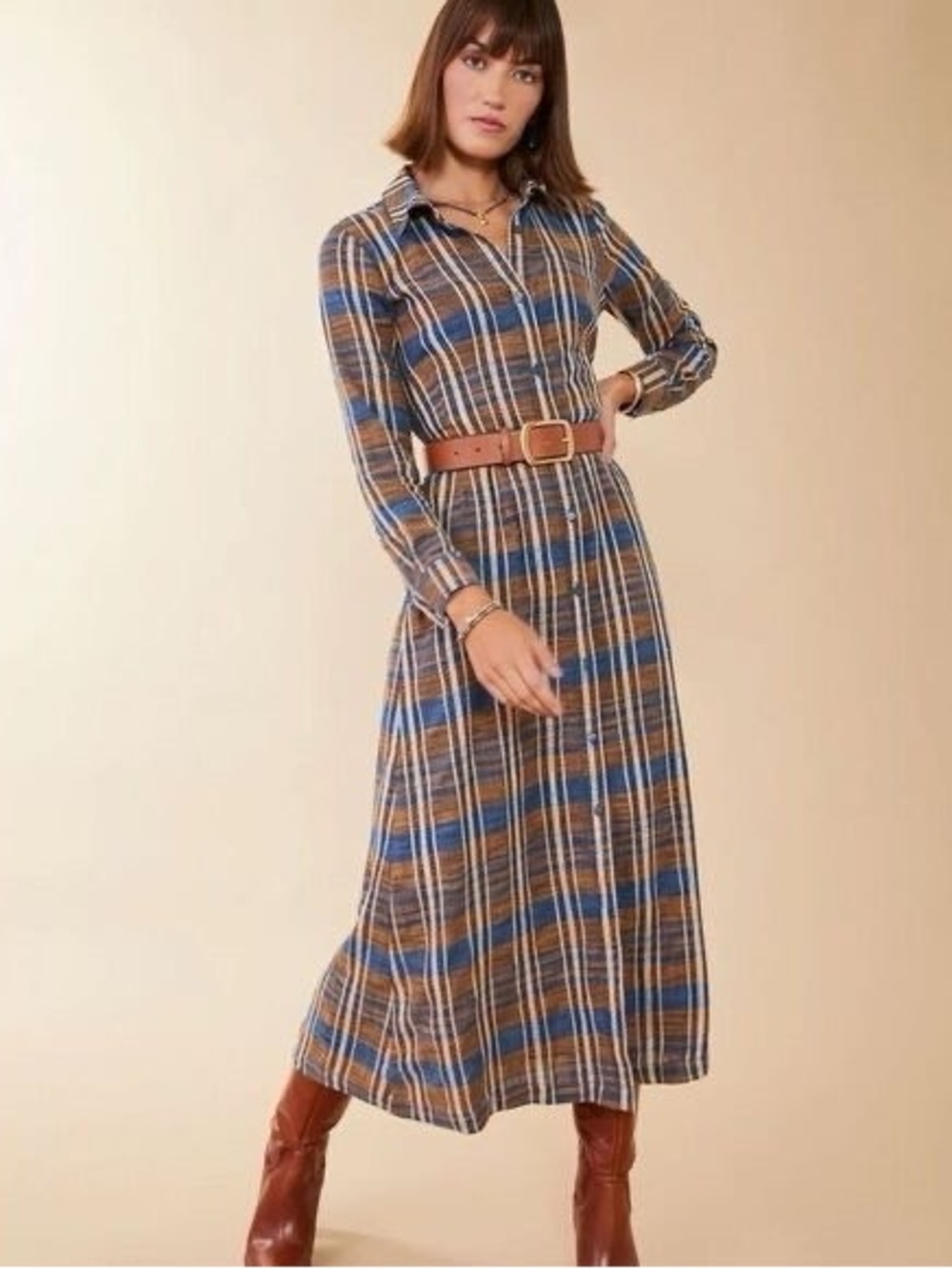 NWOT Spartina 449 Blue Brown Plaid Cotton Lined Button Front Maxi Shirt Dress